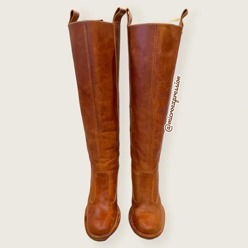 $399 Frye Villager Pull On Knee High Cognac Leather Tall Heeled Distressed Boot - Picture 8 of 15